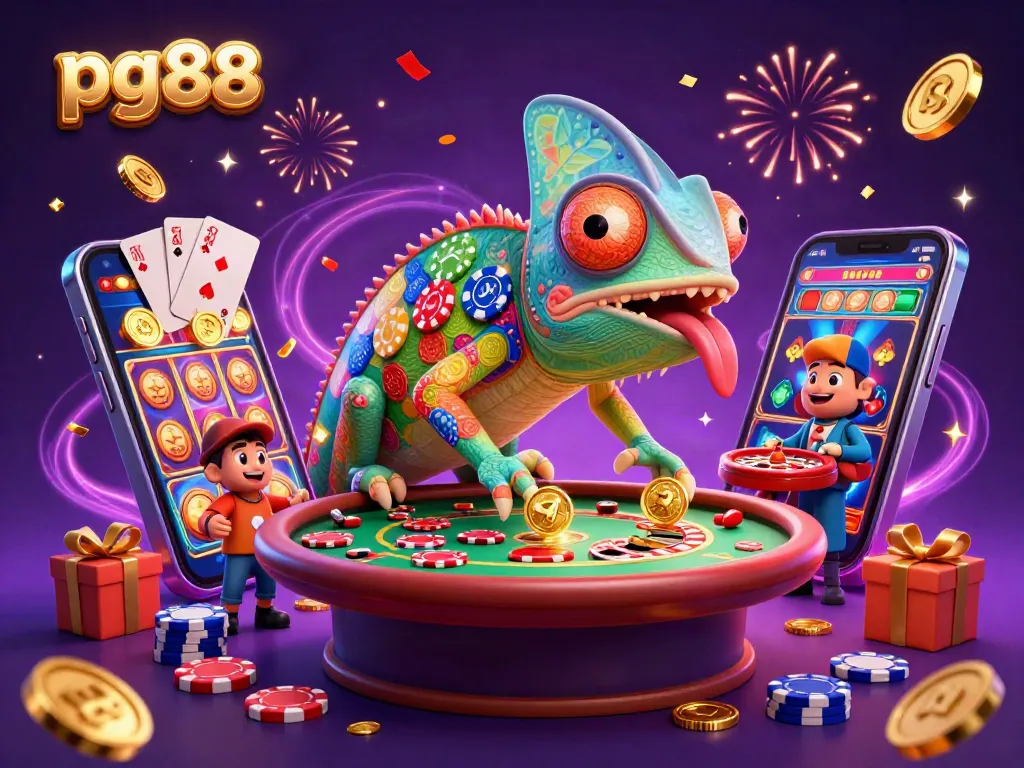 Engage in pg88 casino thrills with a chameleon owner capturing golden coins amid vibrant games and excitement.