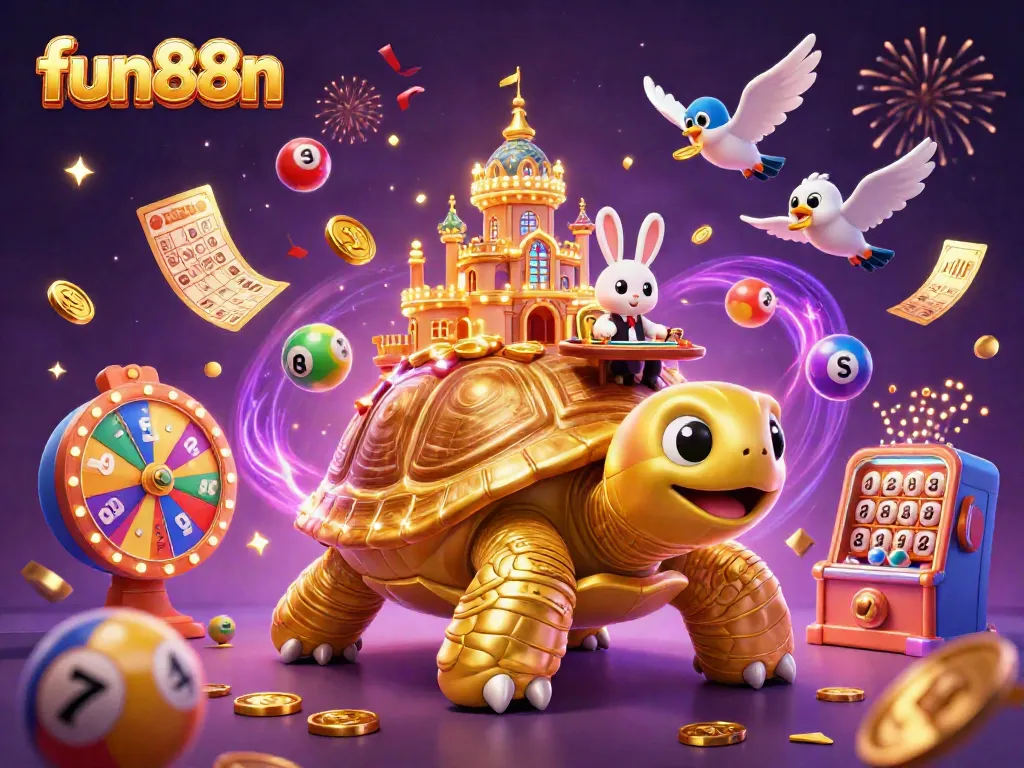 Engage in fun88n's vibrant casino atmosphere featuring a golden tortoise and lively gaming elements.