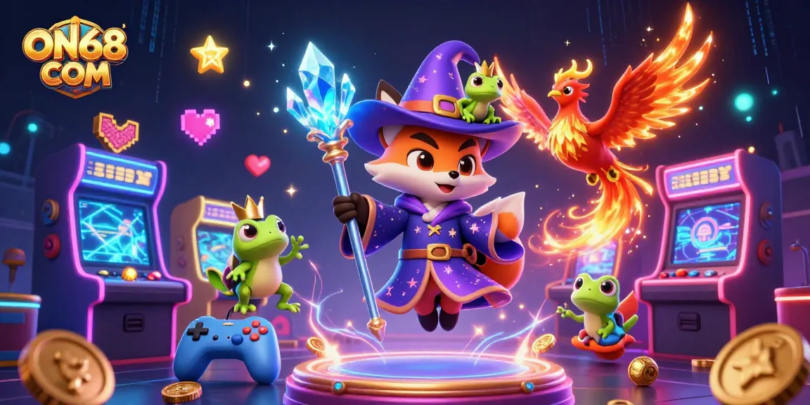 Engage with ON68 COM's thrilling features in this vibrant casino-style illustration.