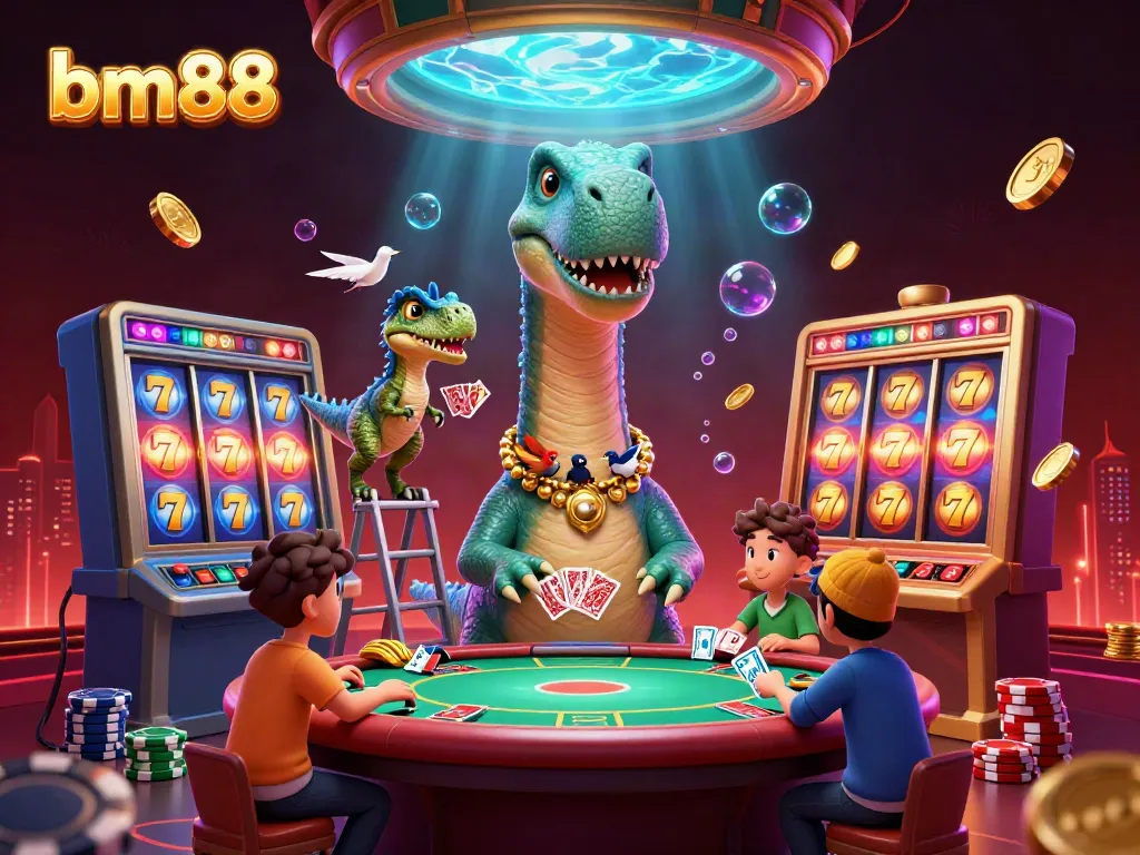 Experience the excitement of bm88 with a brontosaurus towering over a vibrant casino scene filled with gaming elements.
