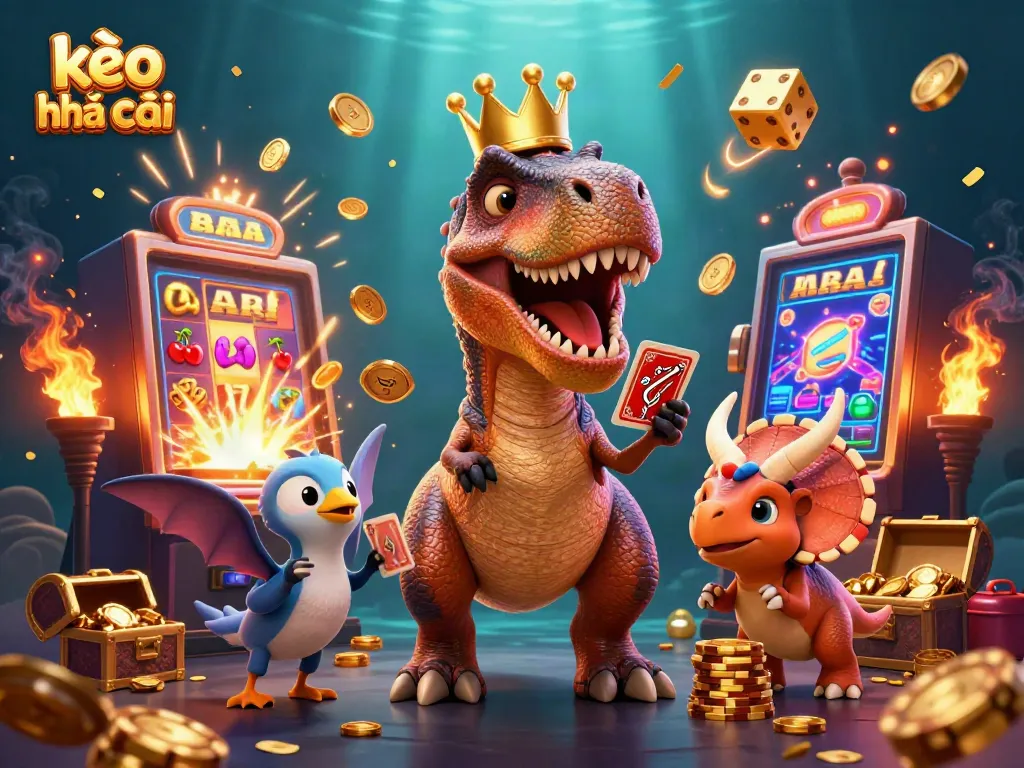 Experience thrilling gameplay with kèo nhà cái featuring a T-Rex shuffling cards and a triceratops stacking golden chips.