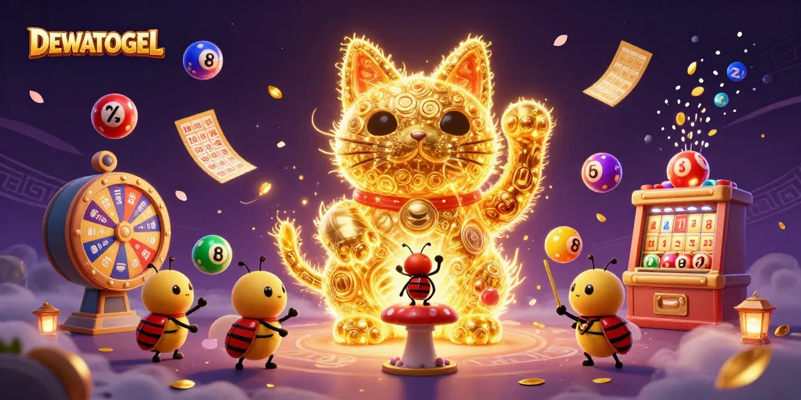 Join the fun with DEWATOGEL, exploring vibrant lottery balls and golden prizes in a lucky cat-themed casino!