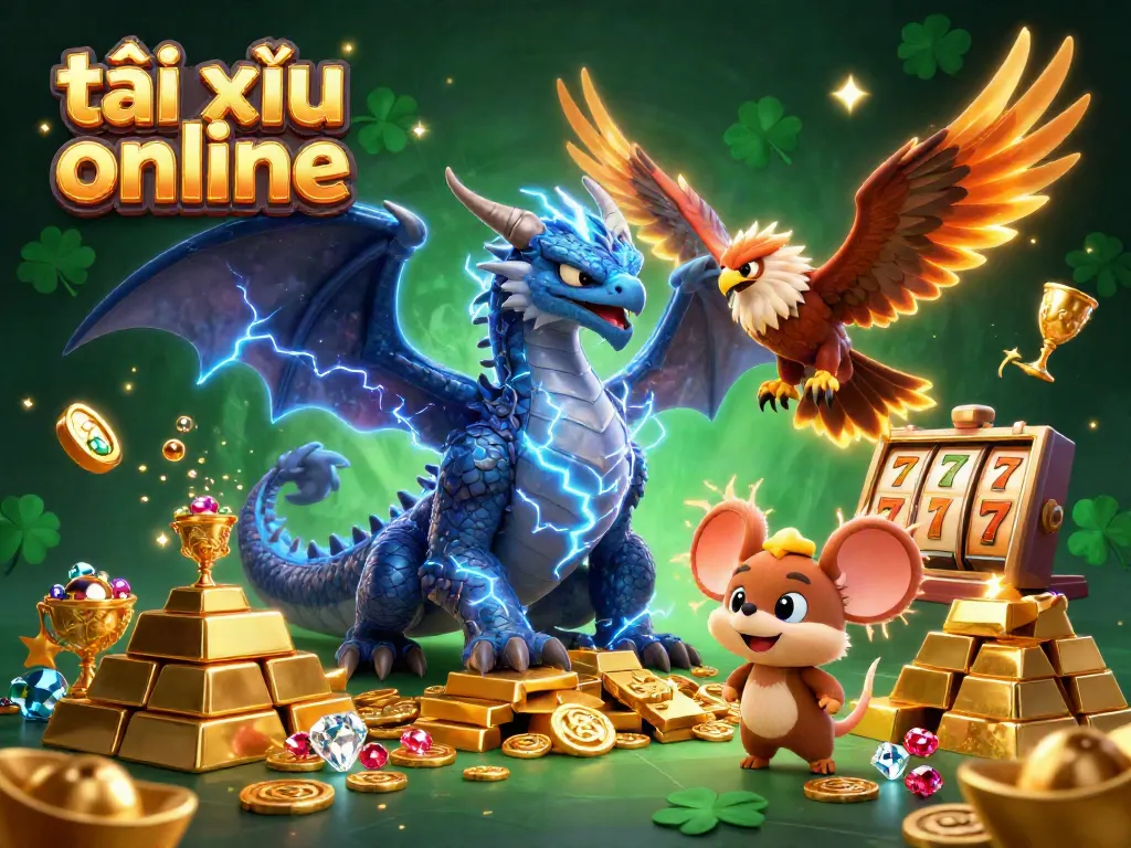 Engage in exciting tài xỉu online with vibrant characters and glittering treasures in a casino-themed illustration.