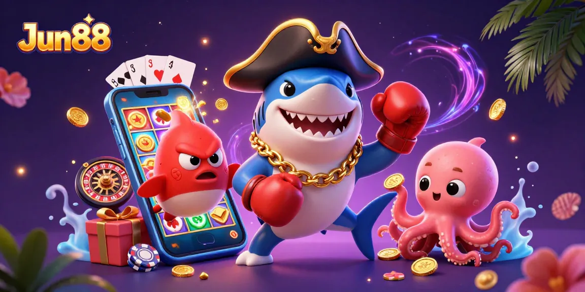 Experience Jun88 with an adventurous illustration of a pirate shark and friends playing slots and enjoying casino fun.