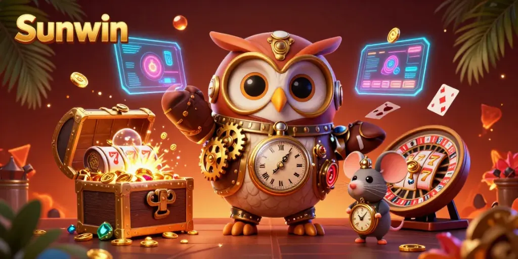 Experience excitement at Sunwin with our animated time-traveling characters in an engaging casino scene.