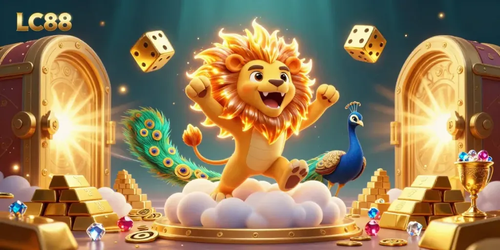 Engaging scene of LC88 with a roaring sun lion and cosmic elements, depicting a vibrant casino theme.