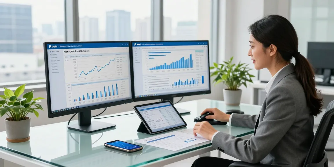 Professional woman analyzing PayPal merchant cash advance data in modern office.