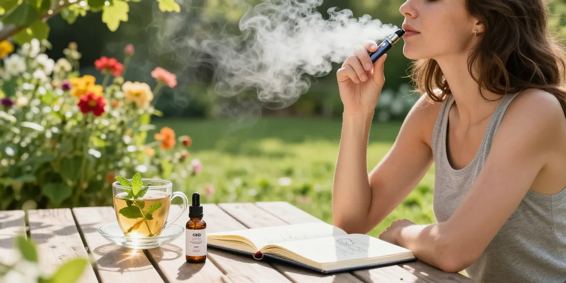 Strong THC vapes UK session outdoors, featuring premium CBD oil and natural wellness elements.