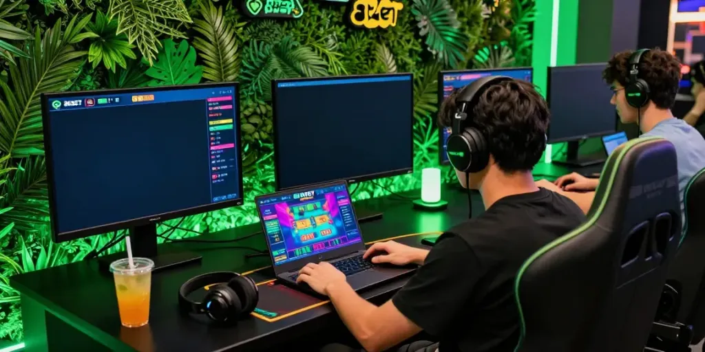 Engaging player immersed in the online gaming world at 8kbeteu.com, featuring vibrant visuals and modern décor.