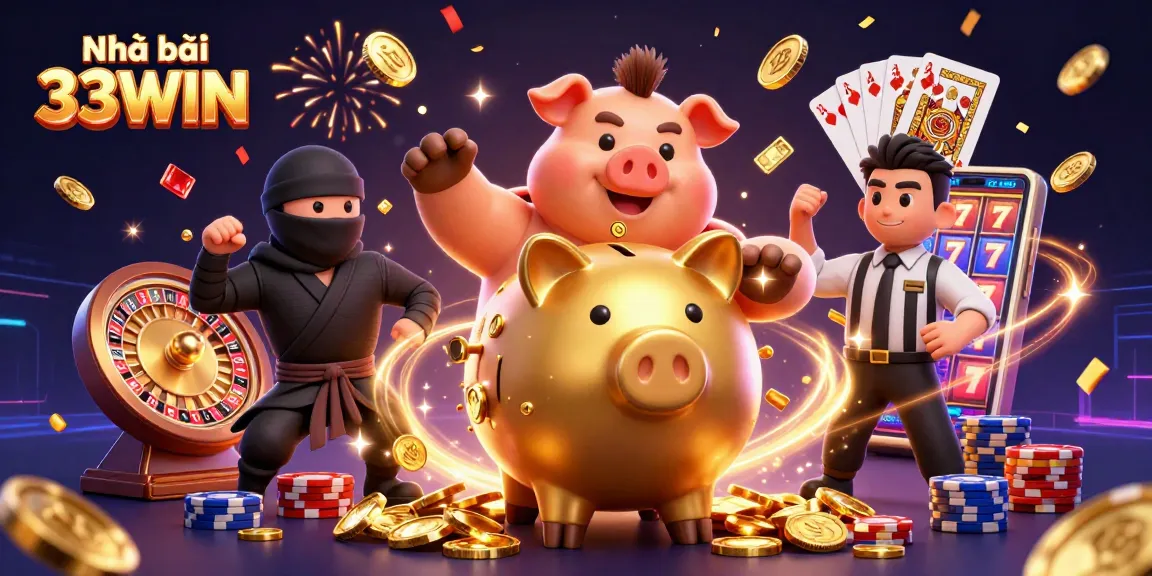 Experience the excitement at Nhà cái 33WIN with vibrant casino action featuring lively characters and cascading gold coins.