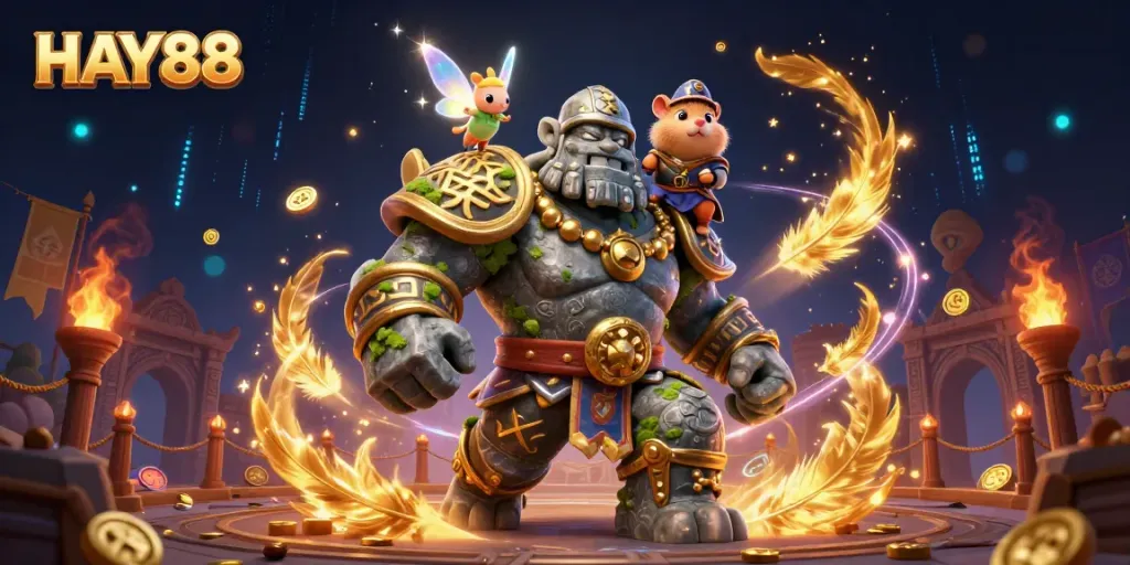 Experience the vibrant magic of HAY88 in this 3D casino world with golems and playful animations.