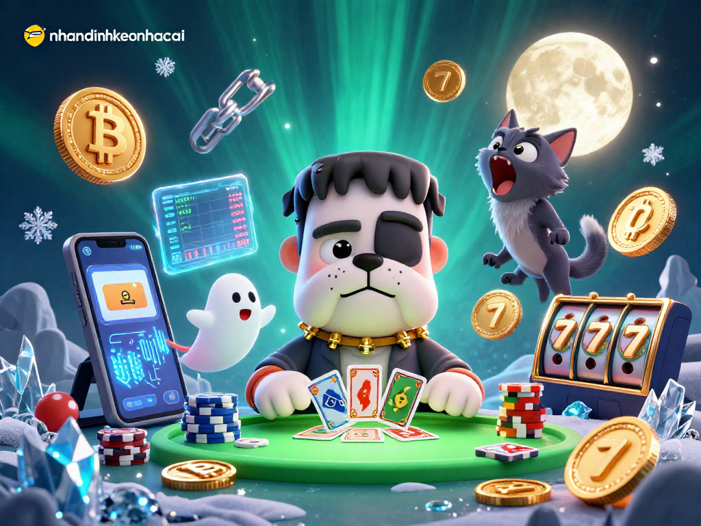 Engage with nhandinhkeonhacai at a lively digital casino table featuring vibrant characters and exciting crypto elements.