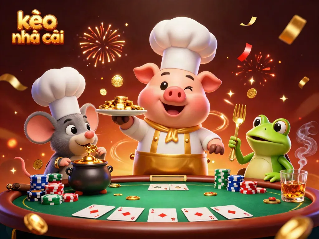 Experience the excitement of kèo nhà cái with our engaging illustration of a chef pig and gourmet gold coins.