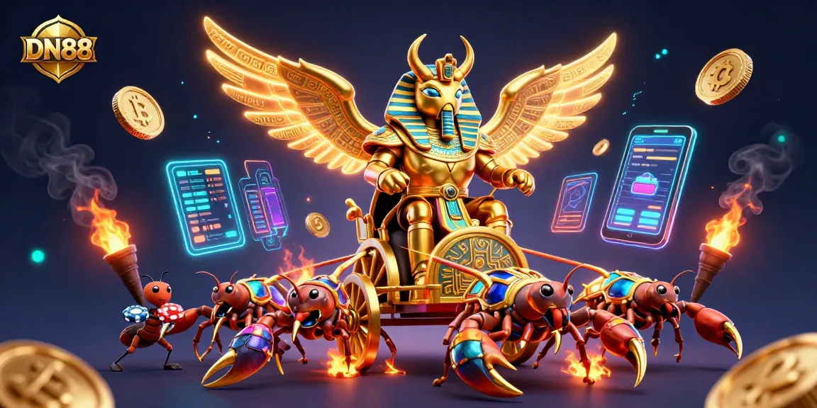 Engage with the vibrant DN88 casino scene featuring a golden scarab chariot among crypto elements.