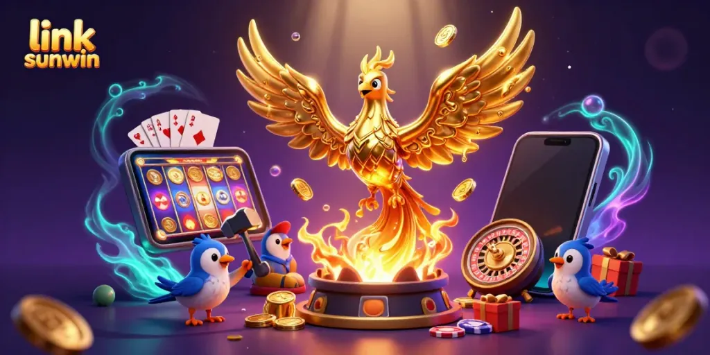Experience thrilling gaming with link sunwin as golden coins and colorful slots come alive in an energetic casino scene.