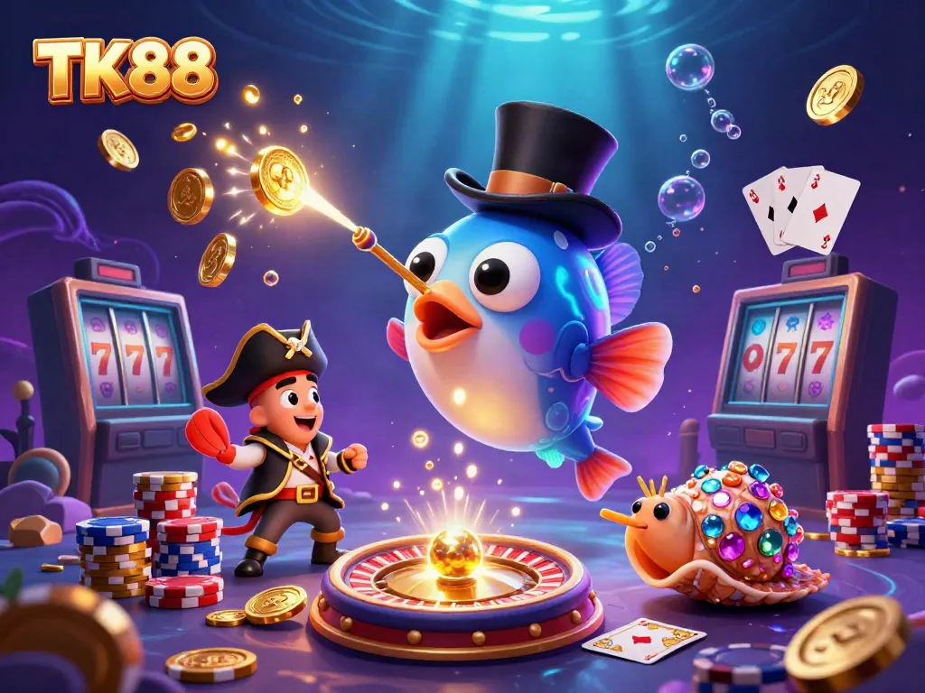 Engage in thrilling adventures with TK88, capturing golden coins and treasures in an exciting underwater casino scene.