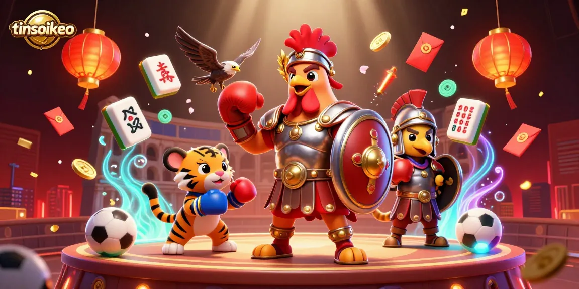 Engage with tinsoikeo's dynamic sports betting scene featuring a gladiator rooster, tiger cub, and eagle.
