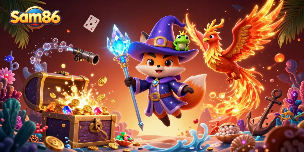 Engage in thrilling gameplay at sam86 with stunning visuals of a wizard fox, phoenix, and treasure-filled scene.