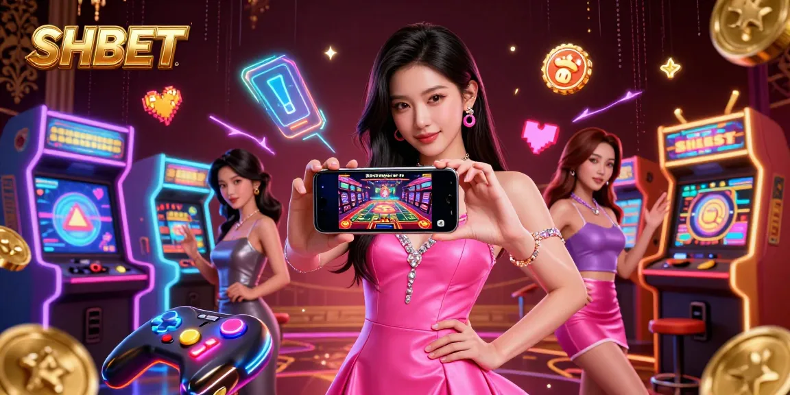 SHBET enhances gaming with a stunning illustration of a woman using a smartphone for live dealer games.