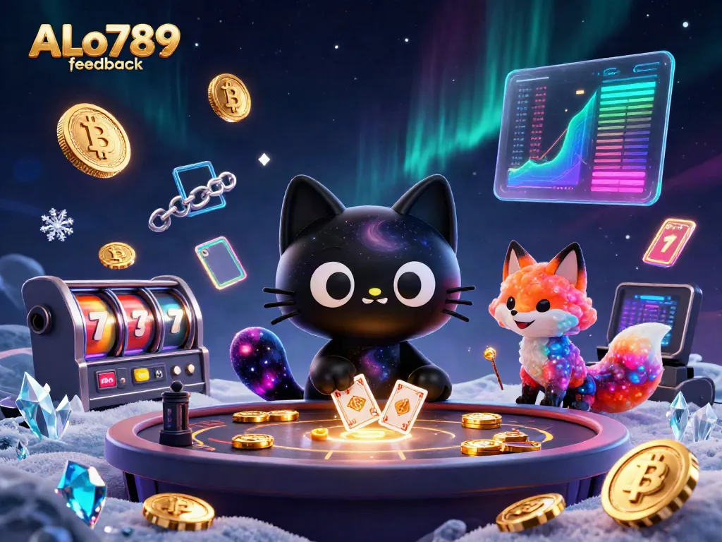 Engage with ALo789 feedback through 3D cartoon characters in a cosmic casino scene featuring vibrant gambling elements.