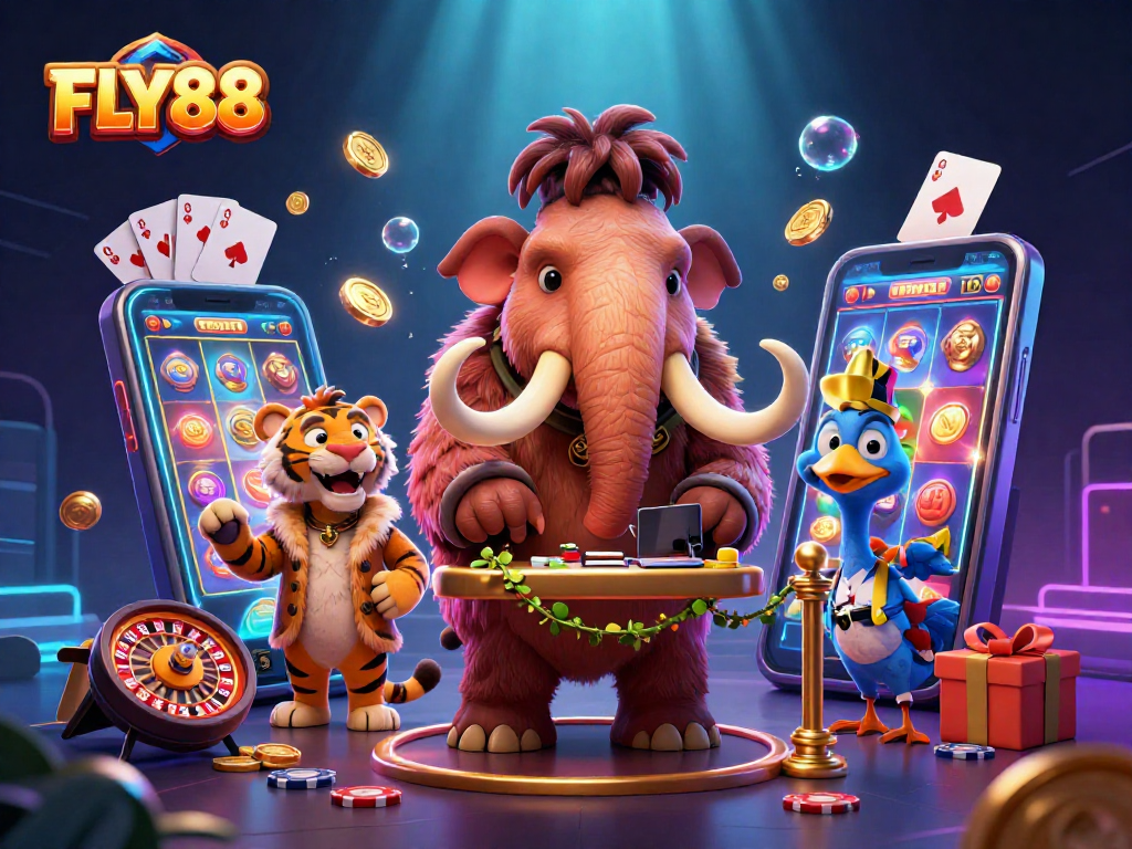 FLY88 showcases a vibrant 3D casino scene with a woolly mammoth bouncer welcoming guests.