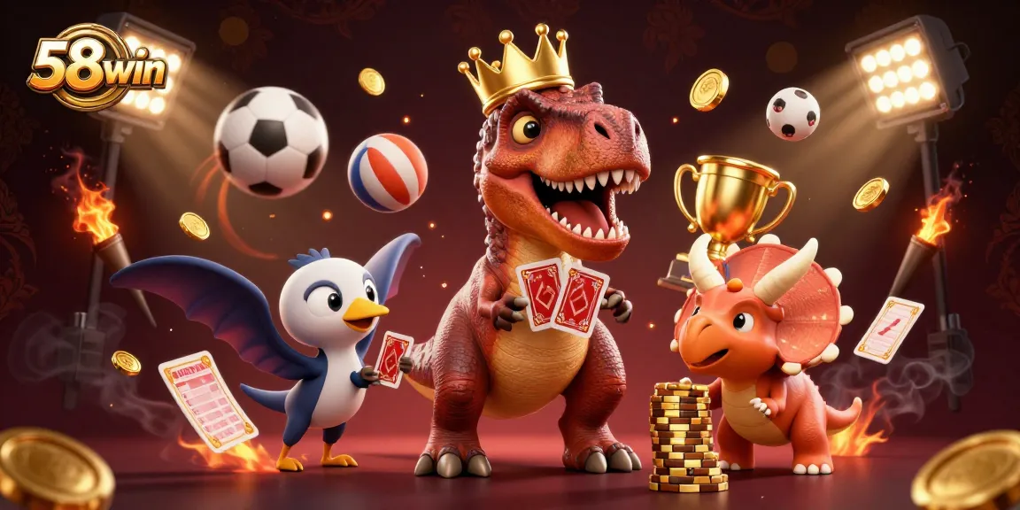 Engage with 58win in an exciting casino scene featuring a T-Rex and friends shuffling cards and stacking chips.