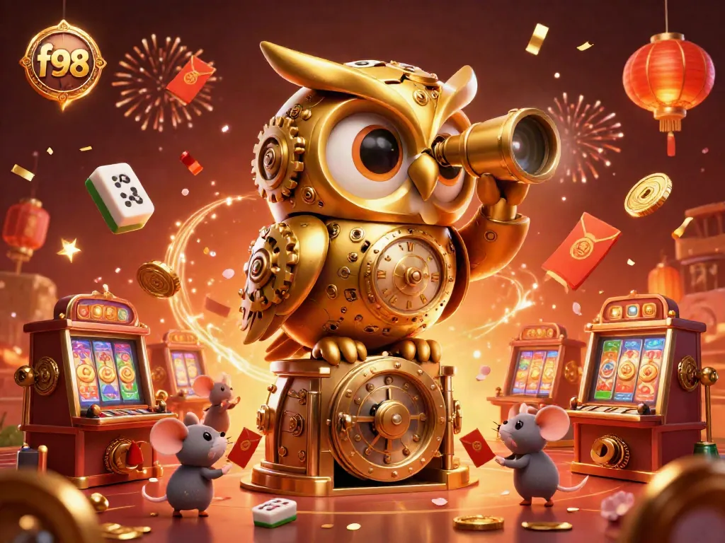 Experience f98's vibrant casino scene with a golden owl and whimsical mouse patrons.