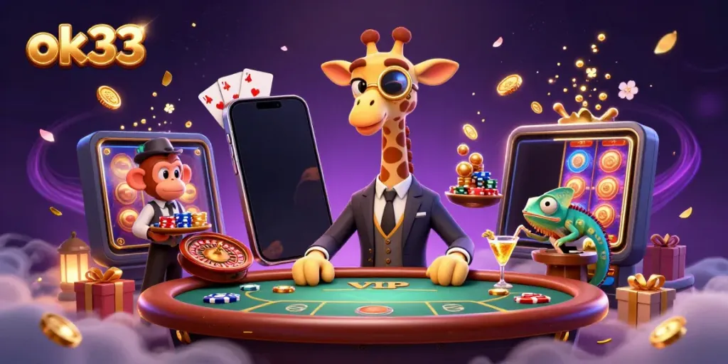 Experience thrilling gaming with ok33's vibrant casino scene featuring playful characters.