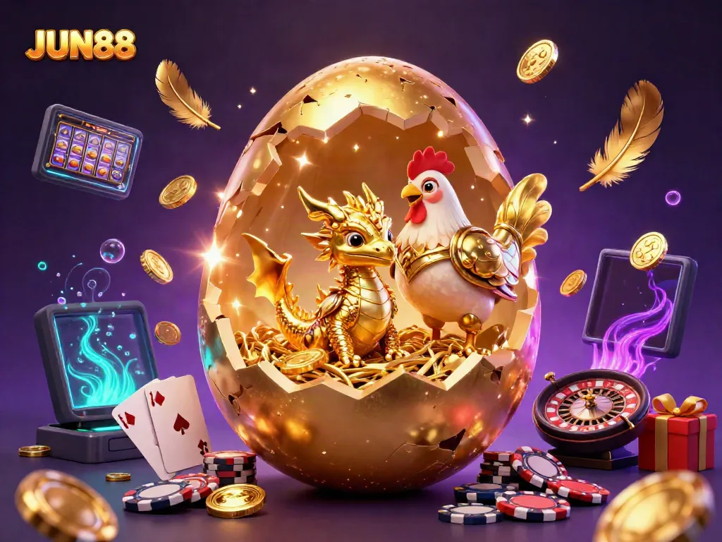 Experience the excitement of JUN88 with a rich 3D scene featuring a golden dragon amidst casino-themed elements.