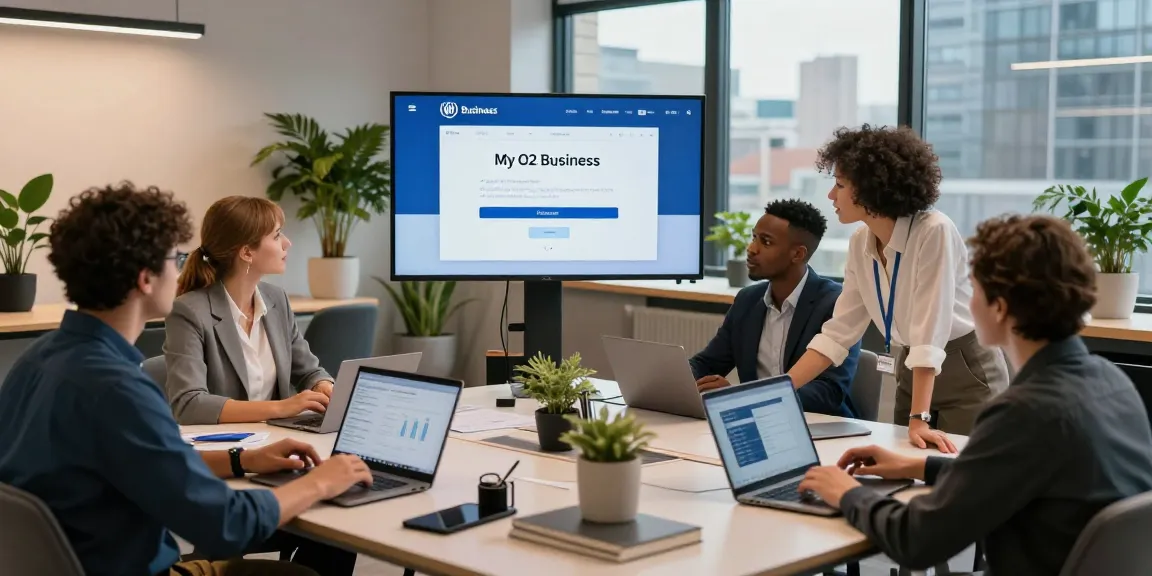 Engaged professionals discussing my o2 business login solutions in a modern office.
