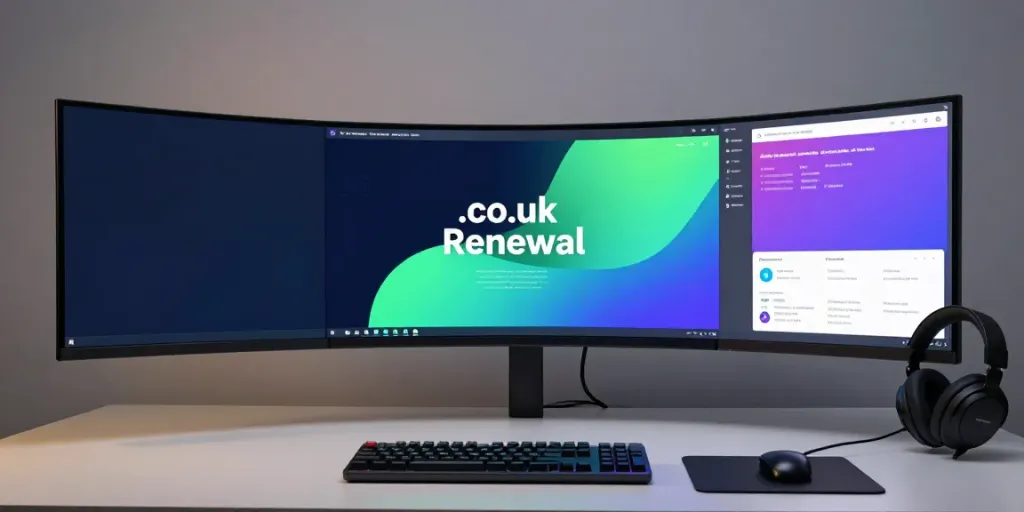 .co.uk renewal price comparison on a sleek developer workspace monitor.