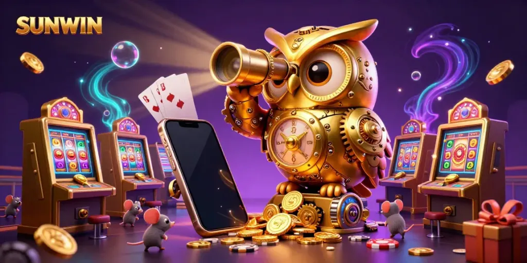 SUNWIN offers an exhilarating casino experience, showcasing lively game elements and a whimsical golden owl on the casino floor.
