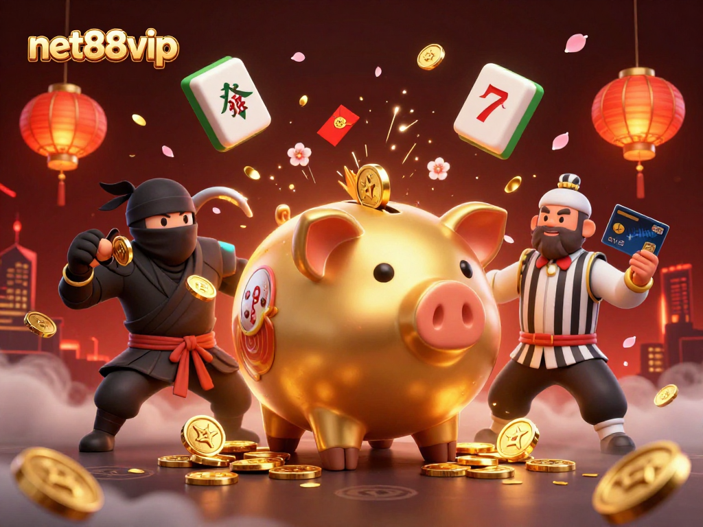 Engaging net88vip casino scene with a golden piggy bank wrestler and action-packed slots gameplay.