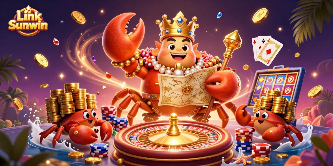 Link Sunwin captures players in an exciting casino atmosphere with golden crab, chips, and vibrant gaming elements.