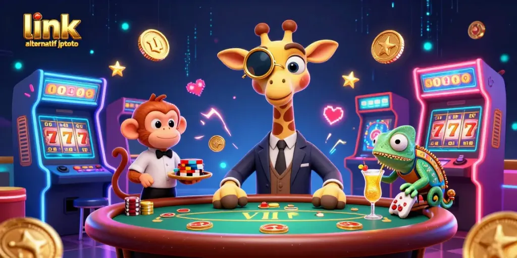 Engage with the vibrant casino scene featuring link alternatif jptoto, showcasing lively characters and dynamic gaming elements.