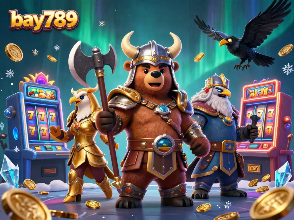 Experience the excitement of bay789 with interactive slot machines and captivating characters in a vibrant casino illustration.