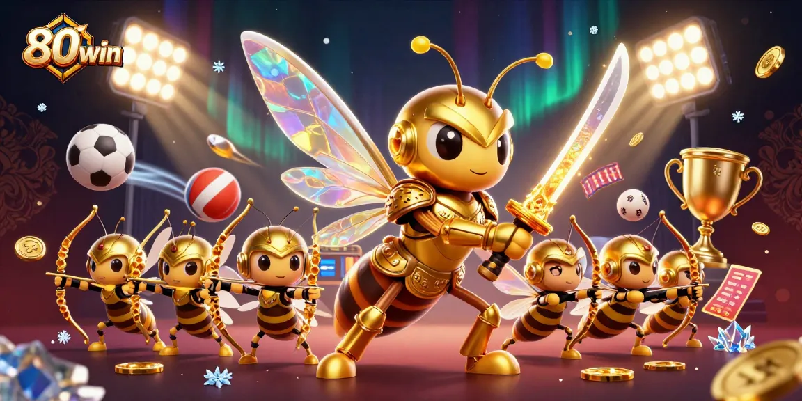 Experience the excitement of 80win with a vibrant scene of a golden hornet and sports elements.