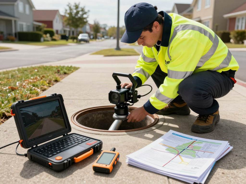 CCTV drainage survey in Surrey with technician inspecting underground pipes using advanced camera equipment.