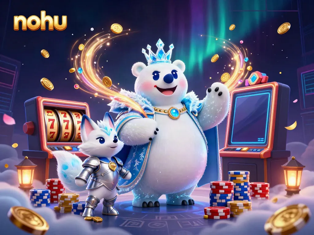 Spin to win big with nohu, featuring a polar bear and fox amid cascading coins and dazzling jackpot elements.