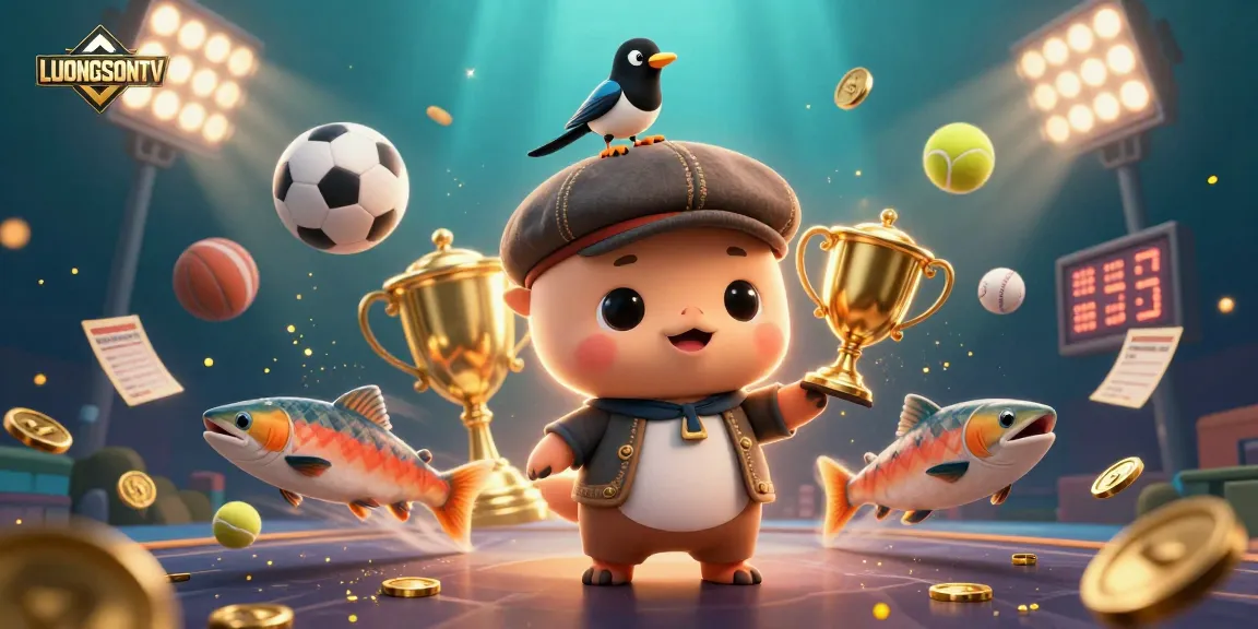 LUONGSONTV showcases a vibrant 3D illustration of charming characters amid sporty gambling elements.