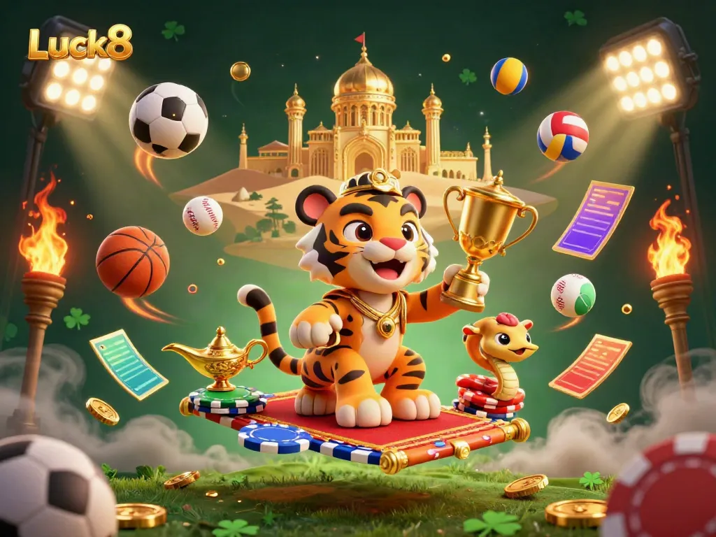Experience thrilling wins with Luck8, featuring a vibrant Arabian Nights-themed casino illustration.