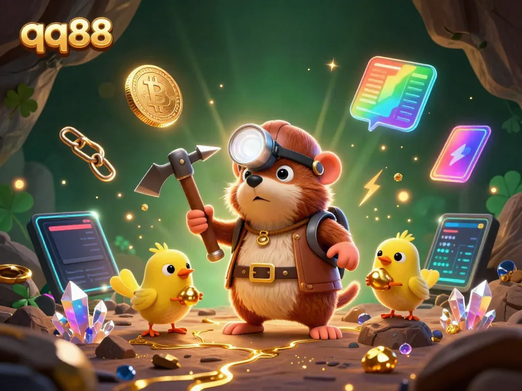 Experience the thrilling adventure of mining for treasure at qq88, surrounded by glowing crypto coins and vibrant gems.