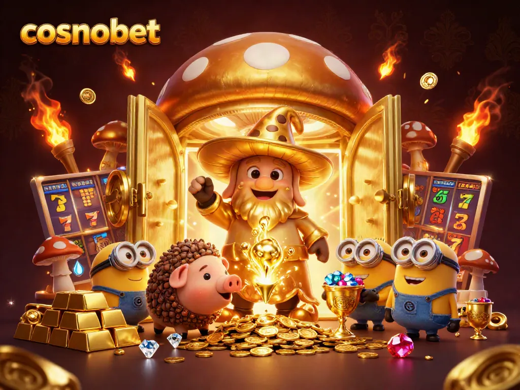 Experience the excitement of cosmobet with a magical casino scene featuring a golden wizard and treasures.
