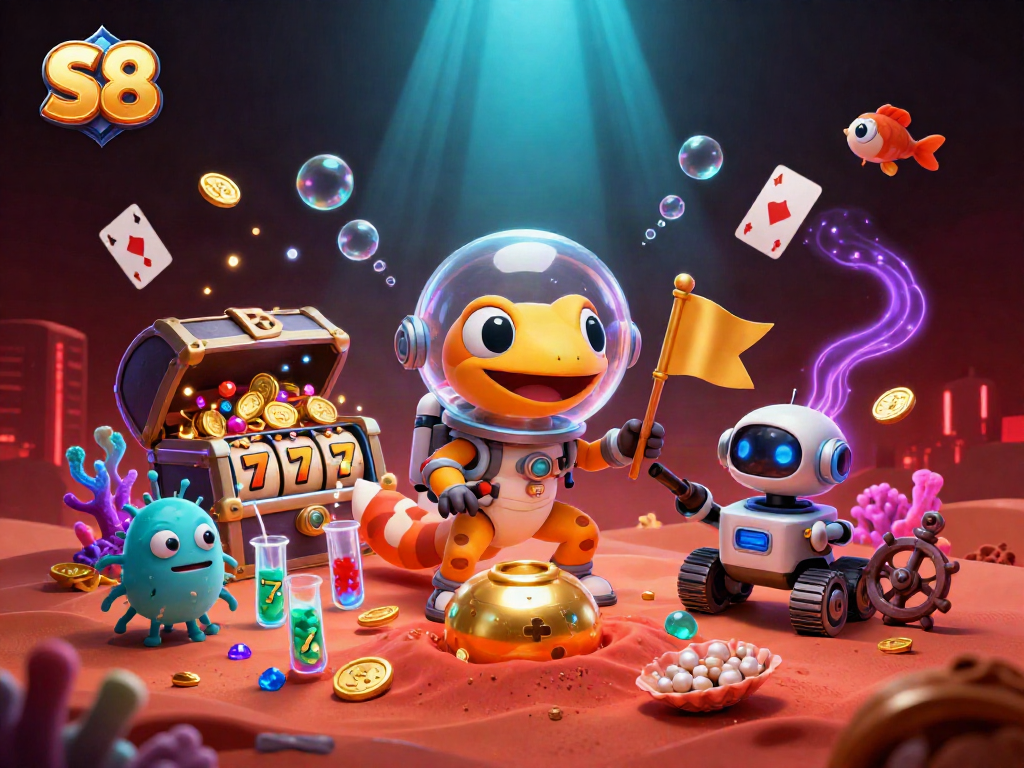 S8-themed illustration showcasing a Martian gecko in a casino environment celebrating jackpots and gaming excitement.