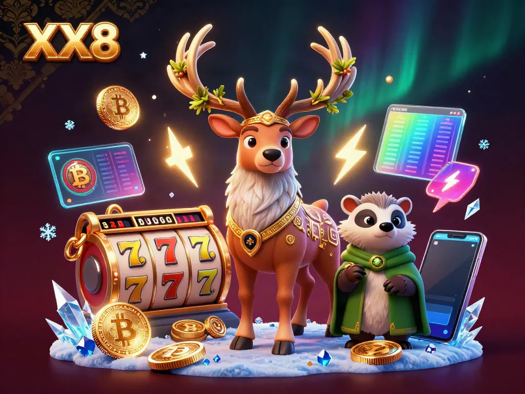 Engage in thrilling gaming adventures with XX8 featuring a vibrant 3D illustration of a Celtic druid stag amidst casino elements.