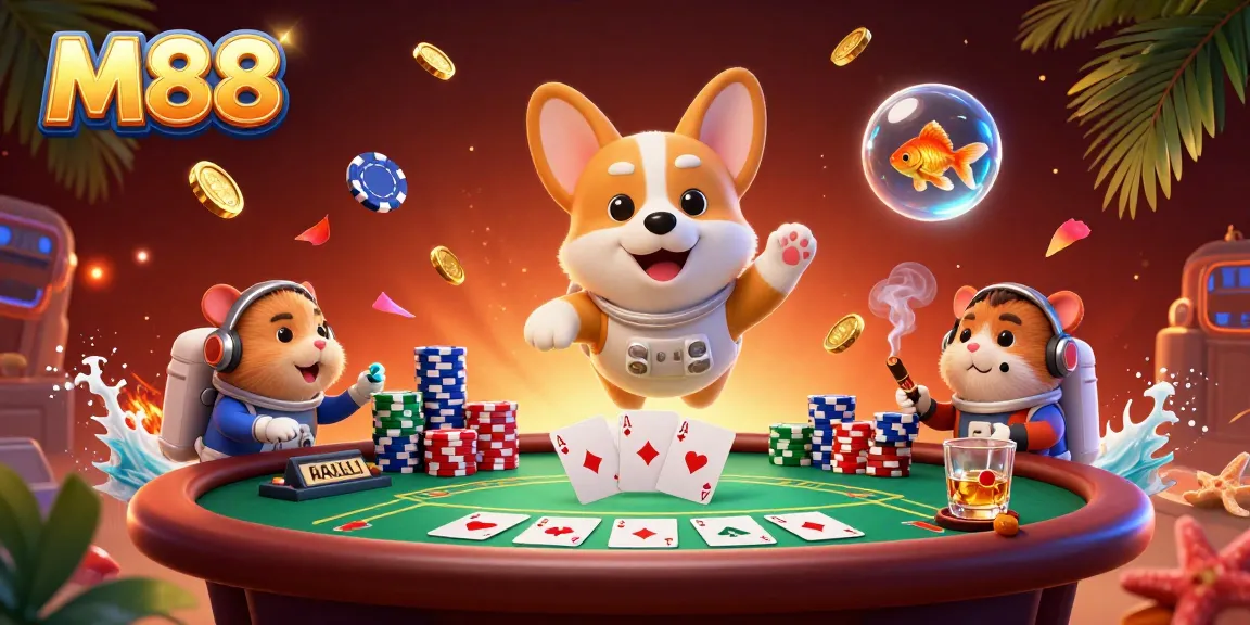 M88 offers an exciting casino experience with floating poker chips and characters engaging in thrilling gambling action.