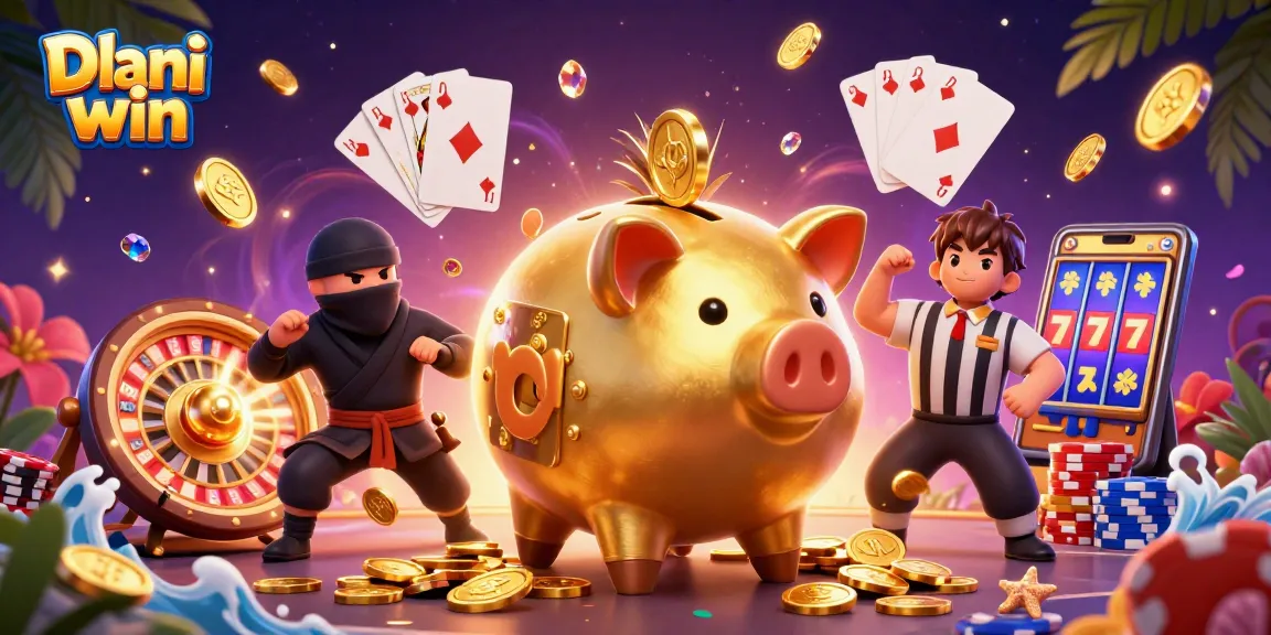 Dhani win experiences dynamic gameplay with a golden piggy bank sumo wrestler, wallet-ninja, and samurai referee surrounded by coins and gaming symbols.
