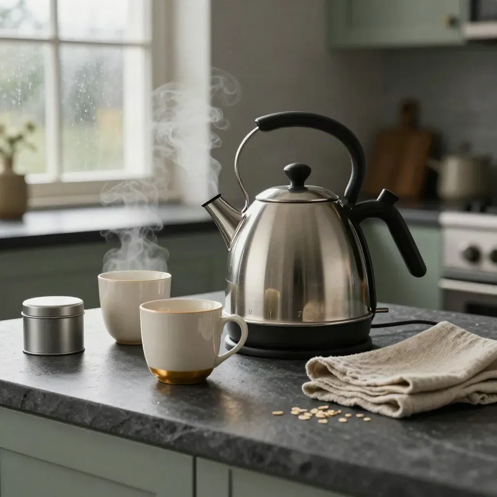 Chrome kettle steaming with mugs, tea tin and linen on a slate counter after rain.