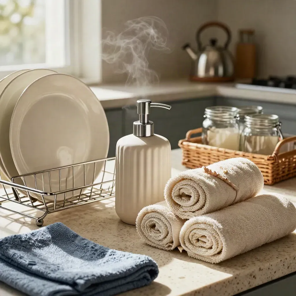 Travertine counter with dish rack, soap pump, towels and woven caddy in soft morning light