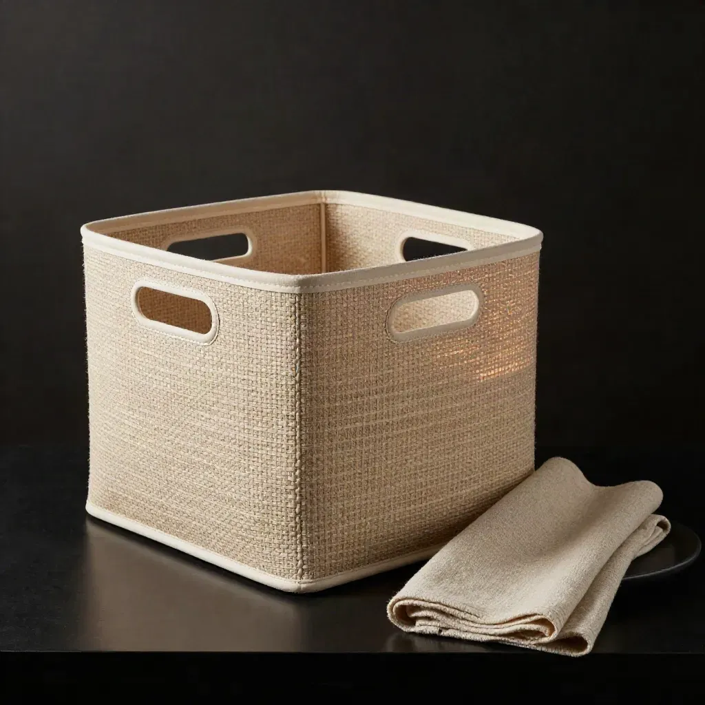 Nested woven storage bins with linen and tray on a dark studio plinth